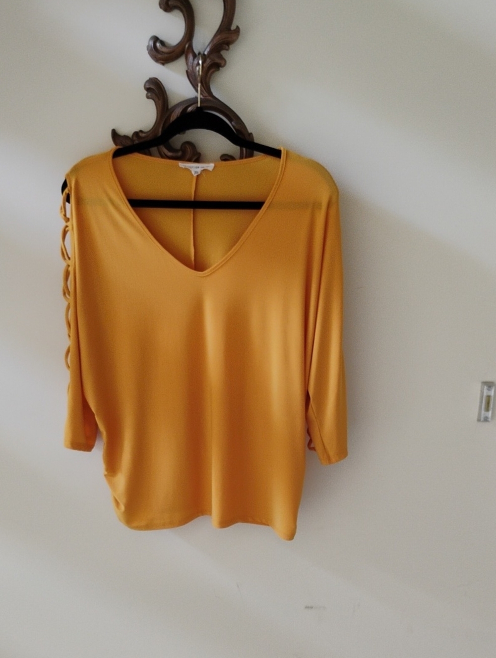 PerSeption Concept Mustard V-Neck Long Sleeve Top with Sleeve Lace-Up